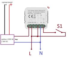 Wiring diagram for a 1CH Zigbee switch module with COM/NO/NC, L and N terminals, and S1 switch
