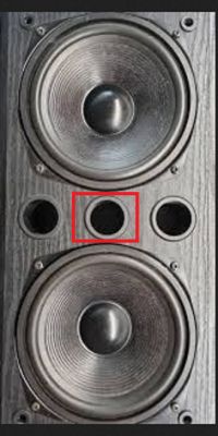 Zbliżenie na przednią część kolumny głośnikowej z dwoma dużymi głośnikami niskotonowymi i mniejszym miejscem na głośnik wysokotonowy oznaczonym w czerwonej ramce.