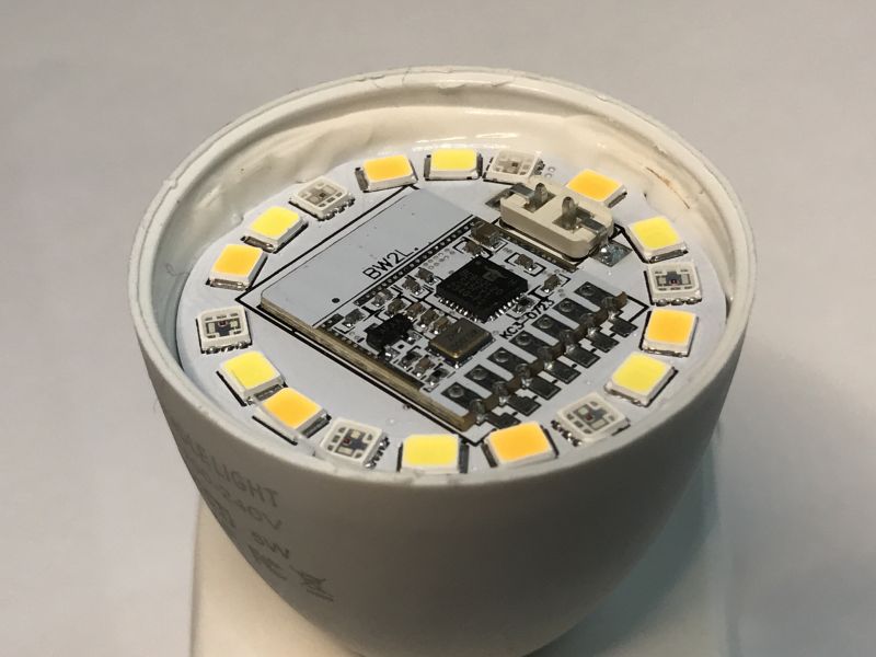 Interior of LED bulb with printed circuit board Interior of an LED bulb with a visible printed circuit board.