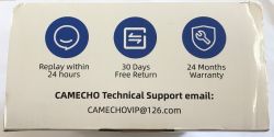 Section of a box with service icons and CAMECHO support email address