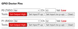 Screenshot of GPIO Doctor interface with pin settings.