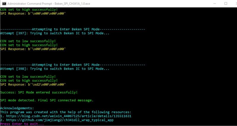 Command prompt showing the results of attempts to switch to SPI mode for Beken IC microcontroller.