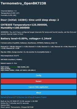 Screenshot of “Termometro_OpenBK7238” status page with temp, humidity, battery readouts and control buttons