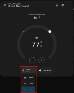 Smart thermostat interface showing current temperature, set temperature, and mode options: heat, cool, and off.