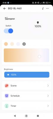 Interface of the app controlling the Sonoff B02-BL-A60 LED bulb on a smartphone, showing brightness and light temperature settings.