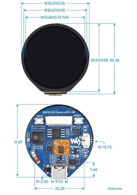 ESP32-S3-Touch-LCD-1.28 – okrągła płytka z ekranem LCD i oznaczeniami wymiarów w milimetrach.