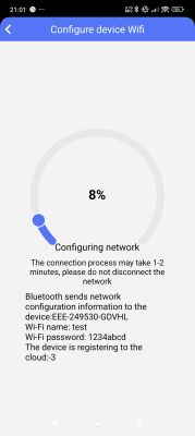 Wi-Fi setup screen showing 8% progress and network details for camera device