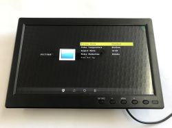 Small black monitor showing the picture settings menu, with control buttons along the bottom edge