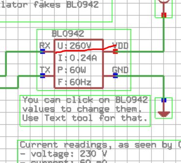 BL0942 Circuit Simulator Diagram of BL0942 simulator circuit showing voltage, current, power, and frequency values.