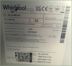 Tabliczka znamionowa płyty indukcyjnej Whirlpool WL S7960 NE z parametrami technicznymi