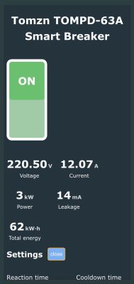Control panel of Tomzn TOMPD-63A breaker showing voltage, current, and power stats