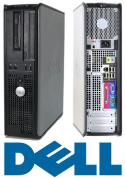 Zdjęcie komputera desktopowego Dell z widokiem z przodu i z tyłu.