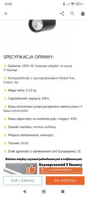 Specyfikacja oprawy świetlnej na ekranie smartfona.
