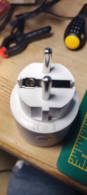 BSD34 Smart Plug with Monitoring Features White smart plug with two pins.