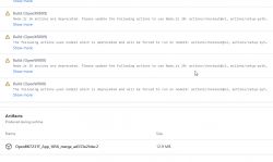 Screenshot showing warning messages from OpenXR and OpenW about deprecated Node.js actions.
