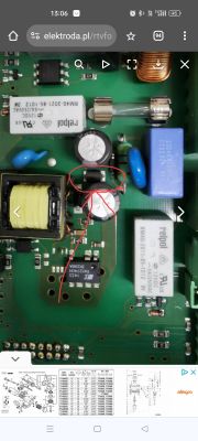 Zdjęcie układu elektronicznego z zaznaczonym uszkodzonym elementem.