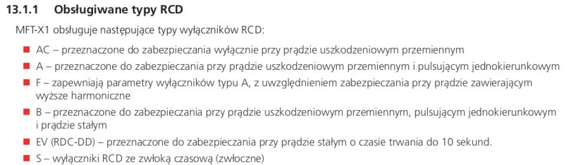 Lista obsługiwanych typów wyłączników RCD w testerze MFT-X1