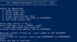 RTL AmebaZ Bootloader Utility 0.1 menu for flash memory management.