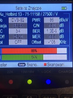 Ekran pomiarowy sygnału satelitarnego z wartościami MER, BER i C/N