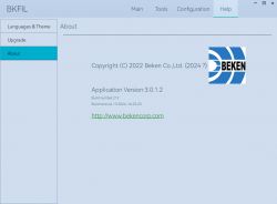 Information about BKFIL application version 3.0.1.2 with a sidebar and Beken logo.