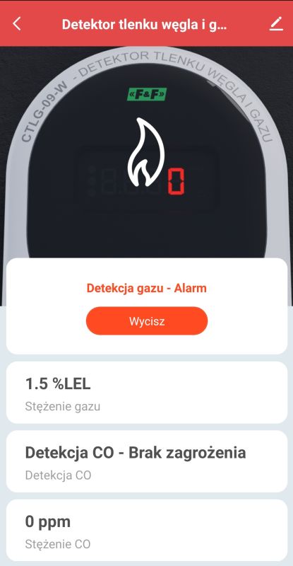 Ekran aplikacji detektora gazu z ostrzeżeniem alarmowym i odczytem 1.5% LEL