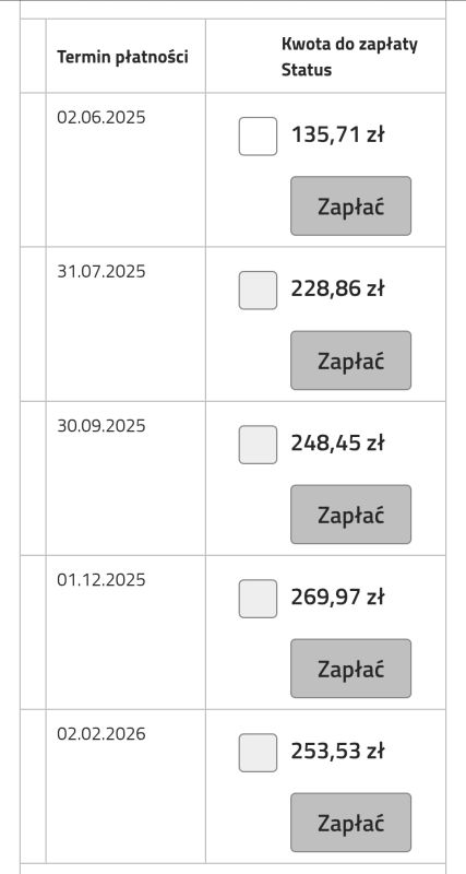Tabela płatności za energię z kwotami i terminami od czerwca 2025 do lutego 2026