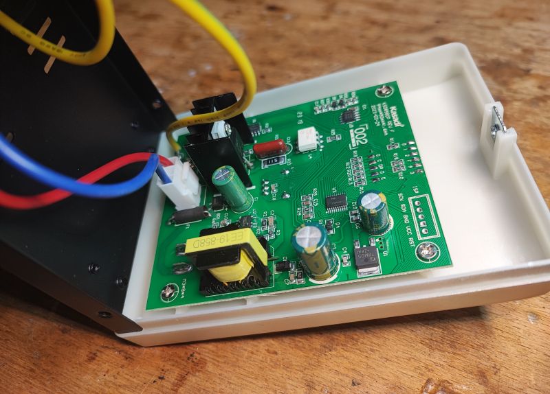 Interior of Hot Air Soldering Station with PCB Close-up of the interior of a hot air soldering station with a visible PCB.
