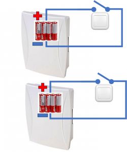Schemat połączenia dwóch dzwonków z użyciem jednego przycisku i baterii.