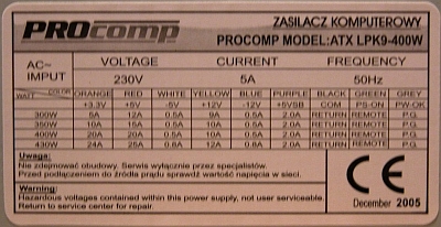 PROcomp model: ATX LPK9-400W po wymianie kondensatorów 470uF/200V .