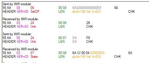 Screenshot of Captured UART Communication in TuyaMCU Screenshot of captured UART communication between microcontroller and WiFi module in TuyaMCU format.
