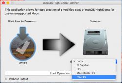 Zrzut ekranu aplikacji macOS High Sierra Patcher ze wskazanymi dyskami.