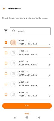 App screen for selecting devices to add to a scene in a smart home system.