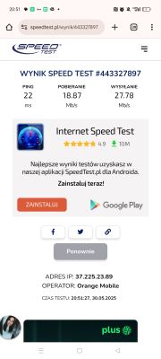 Zrzut ekranu wyniku testu prędkości internetu dla Orange Mobile z czasem, pingiem, pobieraniem i wysyłaniem.