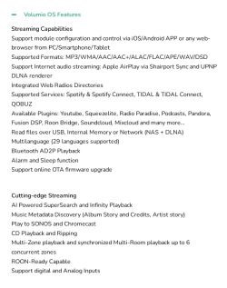 Volumio OS features list showing streaming and advanced playback capabilities.