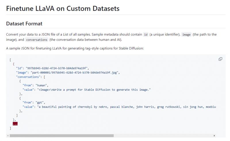 Snippet of documentation on dataset format for fine-tuning the LLaVA model