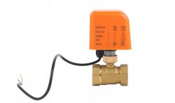 Brass valve with an orange electric actuator and a black cable on a white background
