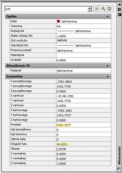 Zrzut ekranu okna właściwości obiektu w AutoCAD