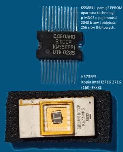 Dwie radzieckie kości EPROM: K558RR1 i K573RF5 pokazane z opisami technicznymi.