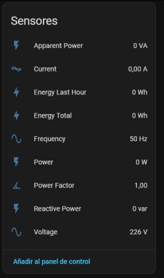 “Sensores” panel showing readings: 226 V voltage, 50 Hz frequency, other values at 0
