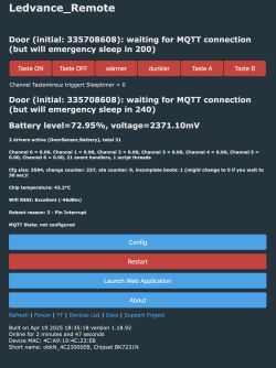 Web interface of a Ledvance Remote device showing connection status, battery level, and control buttons.