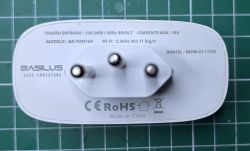 Back of BASILUS Plug with Technical Details Rear view of BASILUS smart plug with technical specifications.