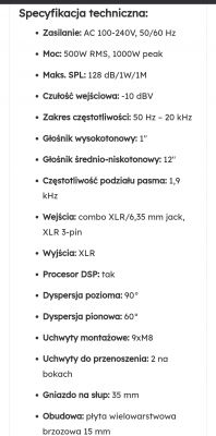 Specyfikacja techniczna kolumny głośnikowej