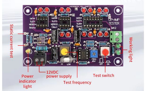 Operational amplifier tester with labeled components.