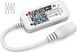 White WiFi LED controller with cable and QR code label.