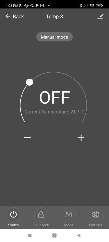 Tuya app screen in manual mode showing OFF and current temperature 21.7°C