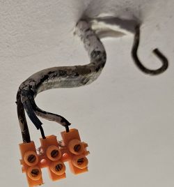 Przewody elektryczne zakończone kostką elektryczną oraz metalowy haczyk wystające z sufitu.