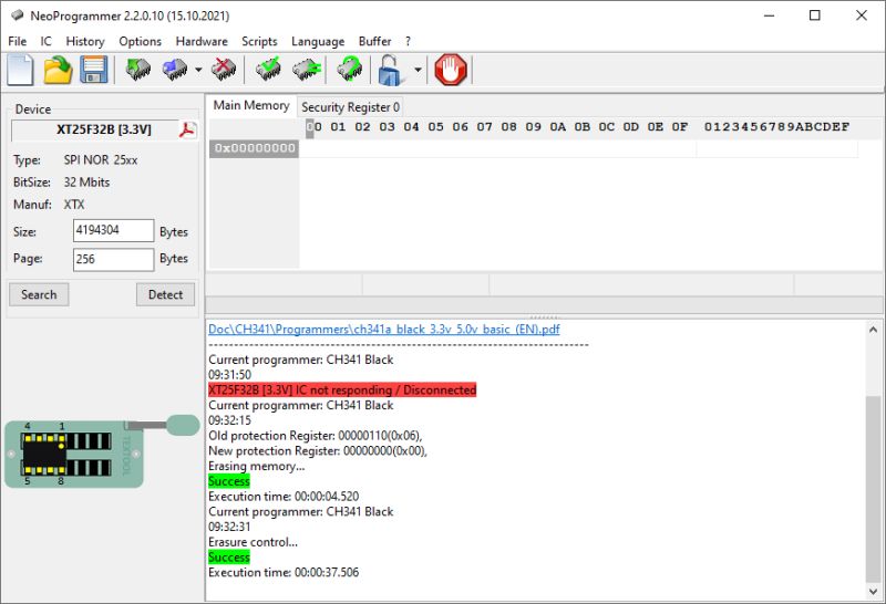 NeoProgrammer interface showing “IC not responding / Disconnected” message