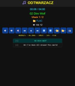 Screenshot of an audio player showing “02 Dire Wolf” playing and a two-item FLAC playlist.