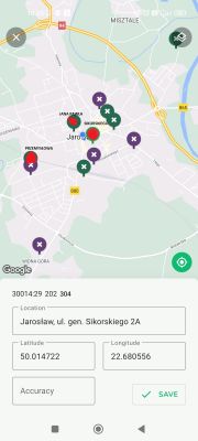 Mapa z zaznaczonymi nadajnikami w Jarosławiu, z miejscami testów.