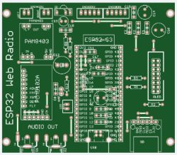 Green PCB with white component labels and “ESP32 Web Radio” printed on the left